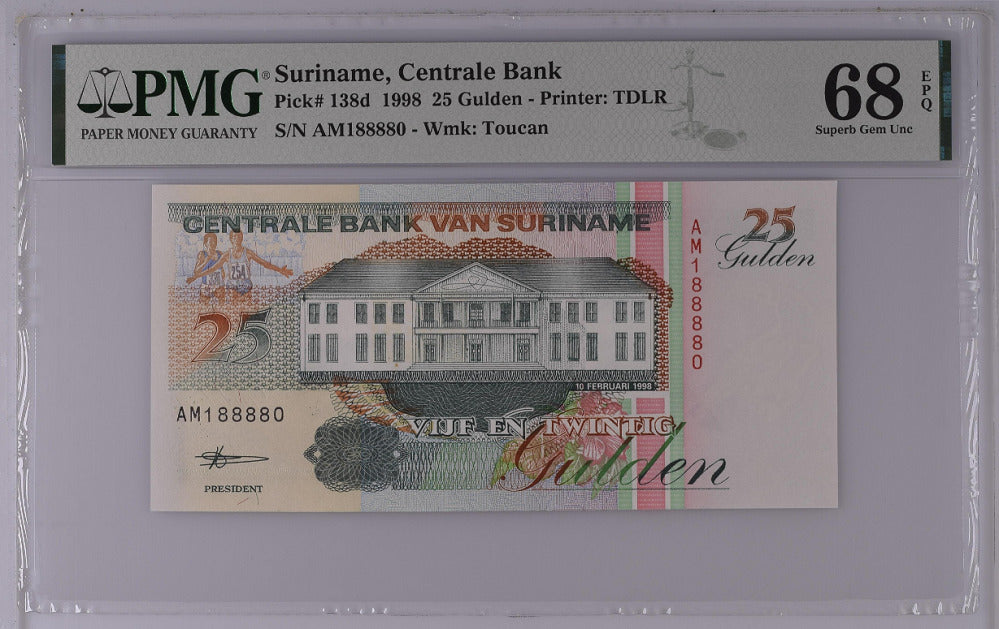 Suriname 25 Gulden 1998 P 138 d Superb Gem UNC PMG 68 EPQ Top Pop