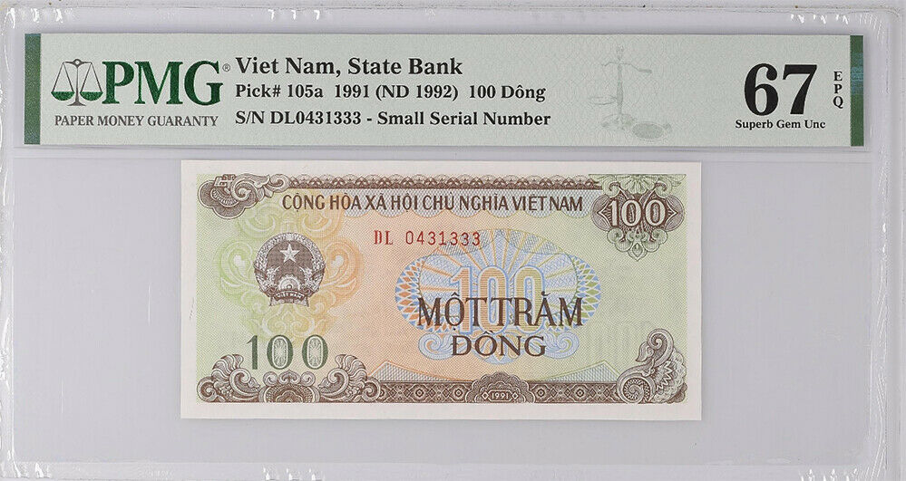 Vietnam 100 Dong 1991/1992 P 105 a NICE DL0431333 Superb Gem UNC PMG 67 EPQ