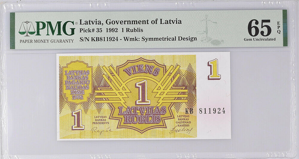 Latvia 1 Rublis 1992 P 35 Gem UNC PMG 65 EPQ