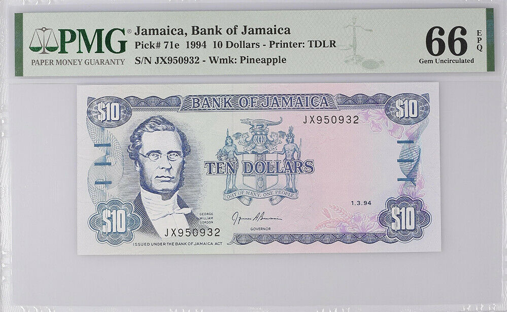 Jamaica 10 Dollars 1994 P 71 Gem UNC PMG 66 EPQ