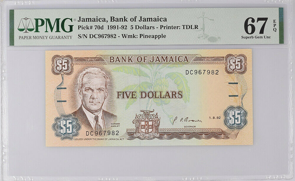 Jamaica 5 Dollars 1992 P 70 d Superb Gem UNC PMG 67 EPQ High