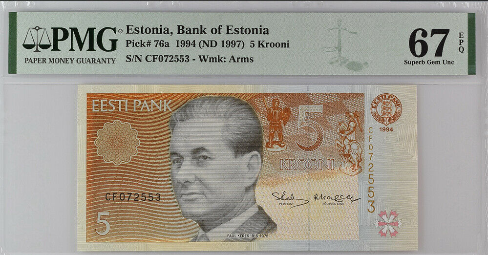 Estonia 5 Krooni 1994 / 1997 P 76 a CF prefix Superb Gem UNC PMG 67 EPQ