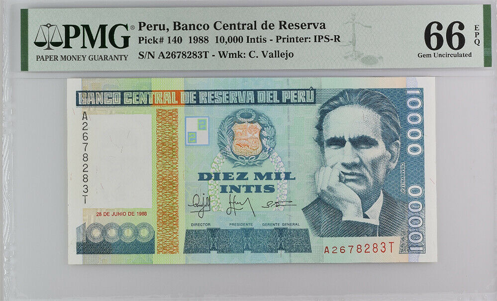 Peru 10000 Intis 1988 P 140 Gem UNC PMG 66 EPQ