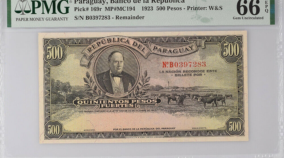 Paraguay 500 Pesos 1923 P 169 Gem UNC PMG 66 EPQ Top Pop