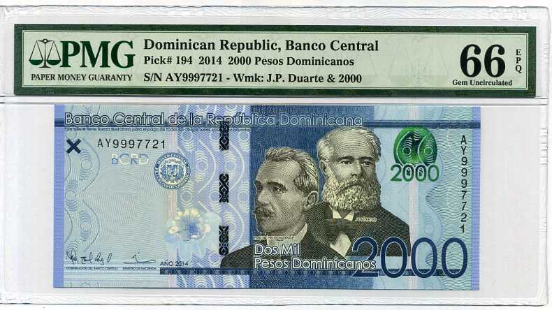 Dominican Republic 2000 Pesos 2014 P 194 Gem UNC PMG 66 EPQ