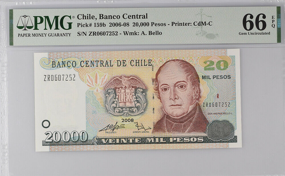 Chile 20000 PESOS 2008 P 159b GEM UNC PMG 66 EPQ