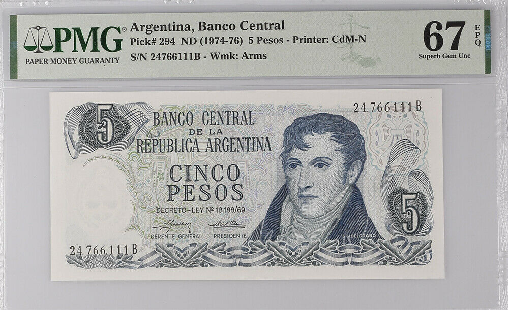 Argentina 5 Pesos ND (1974-76) P 294 Superb Gem UNC PMG 67 EPQ Top