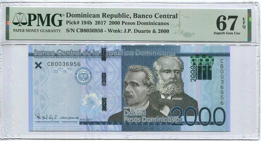 Dominican Republic 2000 Pesos 2017 P 194 b Superb Gem UNC PMG 67 EPQ
