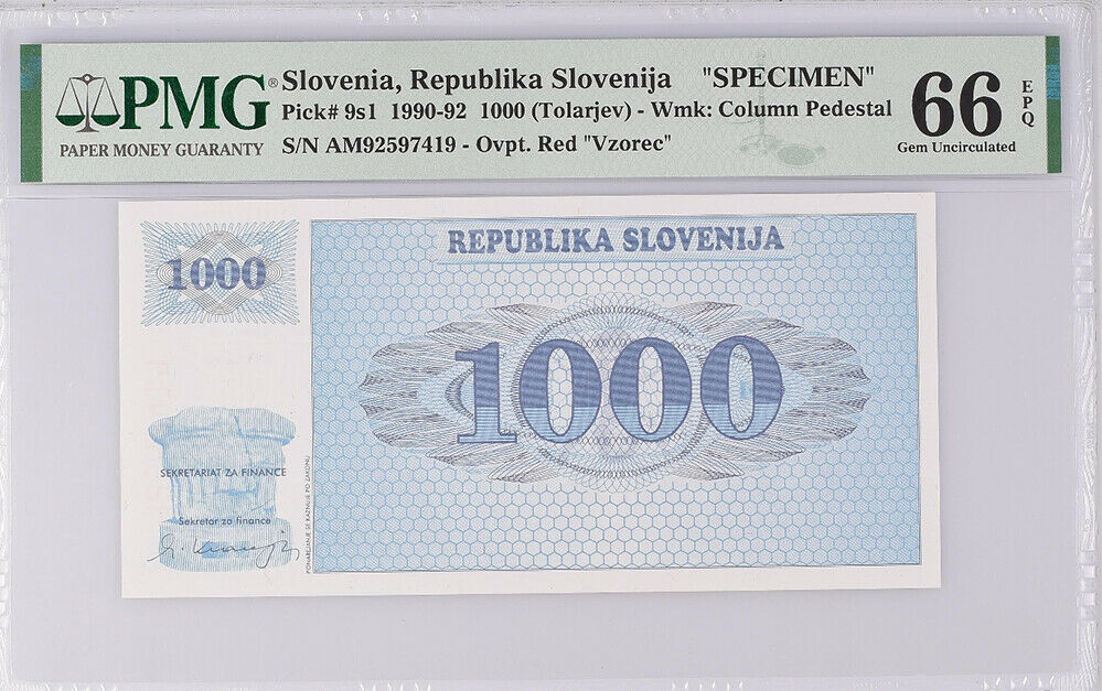 Slovenia 1000 Tolarjev 1990 P 9 s1 Specimen GEM UNC PMG 66 EPQ