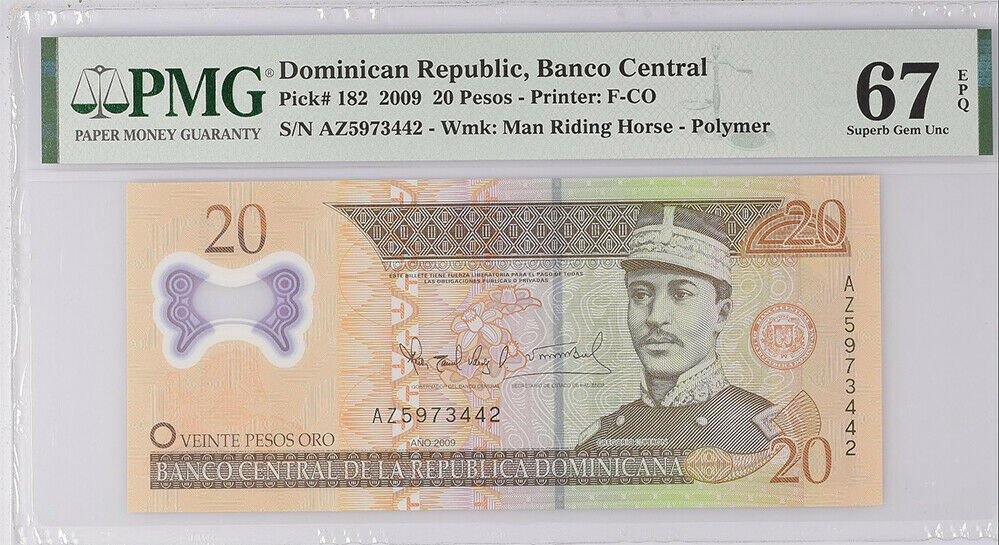 Dominican Republic 20 Pesos 2009 P 182 Polymer Superb Gem UNC PMG 67 EPQ