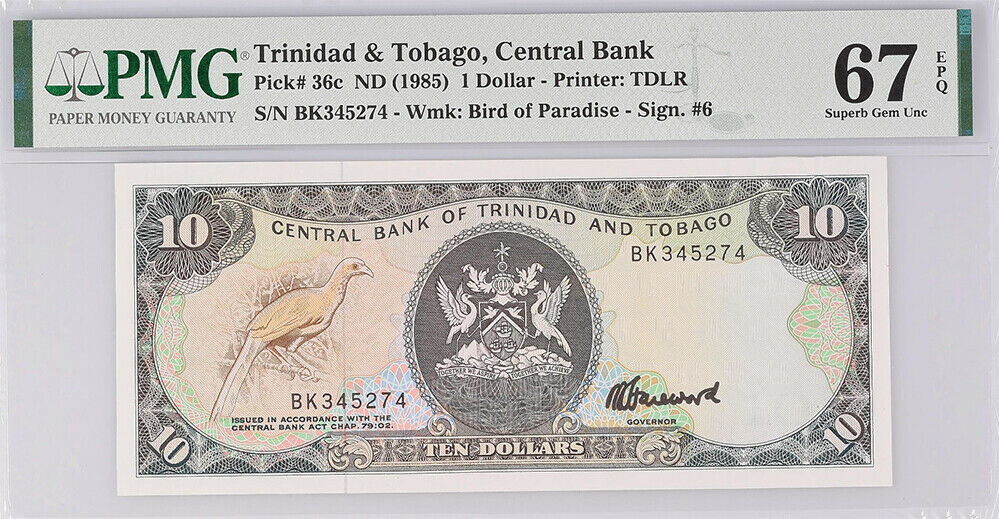 Trinidad & Tobago 10 Dollars ND 1985 P 38 C Superb Gem UNC PMG 67 EPQ Wrong Labe