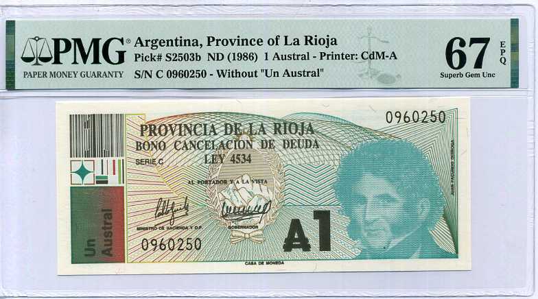 Argentina 1 Austral ND 1986 P S2503 B Superb Gem UNC PMG 67 EPQ TOP