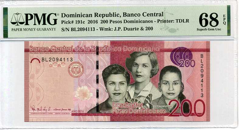 Dominican Republic 200 Pesos 2016 P 191 Superb GEM UNC PMG 68 EPQ HIGH New Label
