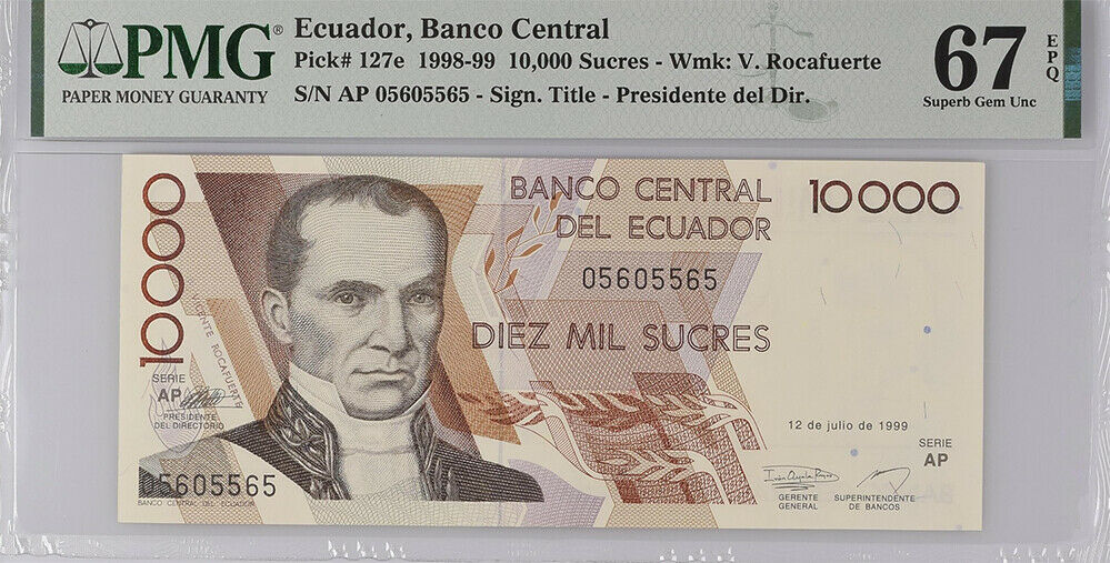 Ecuador 10000 Sucres 1999 P 127 e Superb Gem UNC PMG 67 EPQ