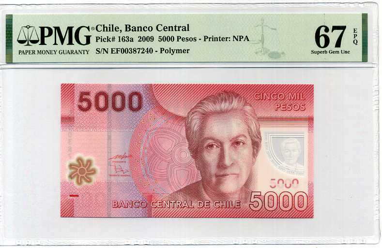 CHILE 5000 5,000 PESOS POLYMER ND 2009 P 163 a SUPERB GEM UNC PMG 67 EPQ TOP POP