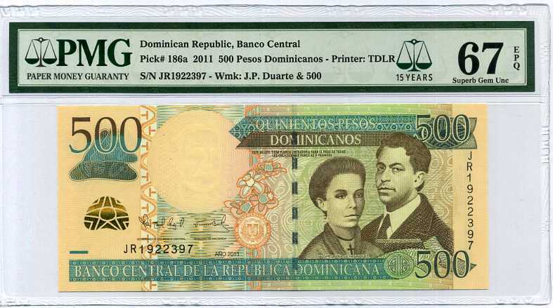 Dominican Republic 500 Pesos 2011 P 186a 15th Superb Gem UNC PMG 67 EPQ TOP
