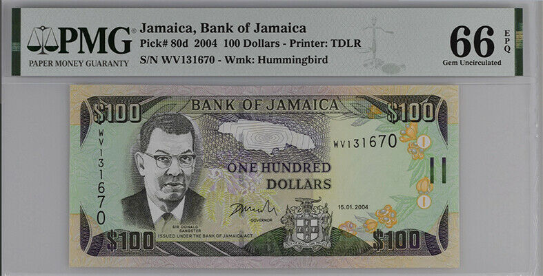 JAMAICA 100 DOLLARS 2004 P 80 d GEM UNC PMG 66 EPQ NEW LABEL