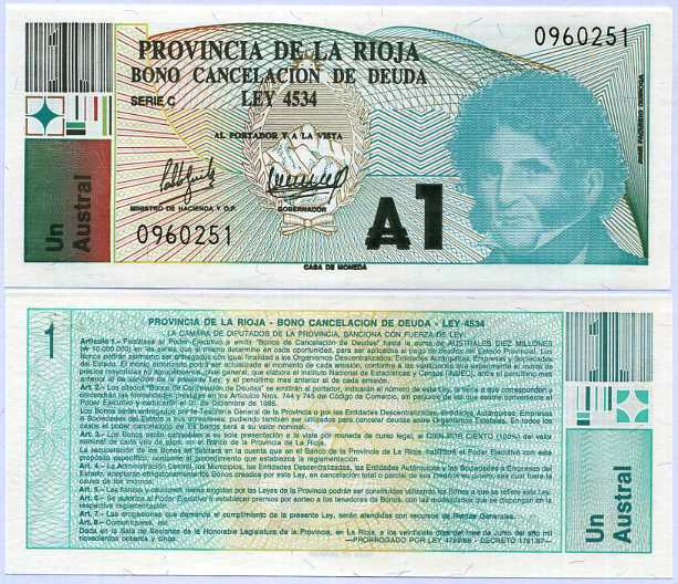 ARGENTINA 1 AUSTRAL ND 1986 EMERGENCY NOTE P S2503 UNC
