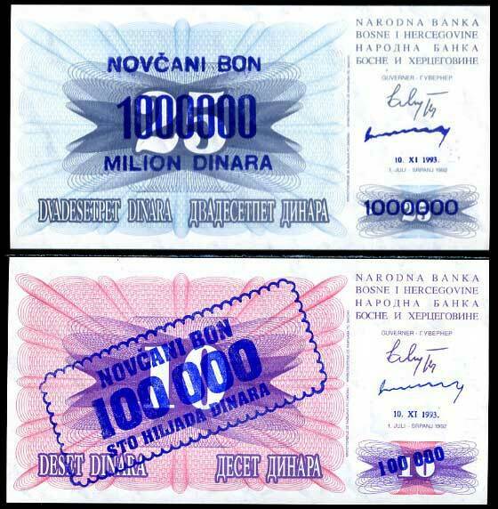 Bosnia & Herzegovina SET 2 UNC 100,000 1 M. Dinara 1993 P 34 b 35 b