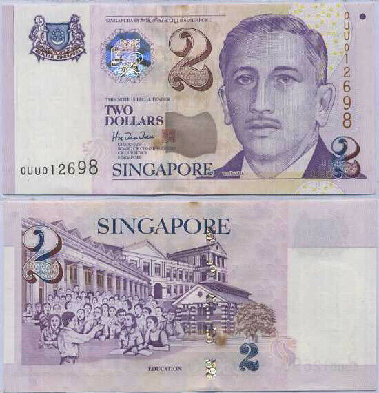 SINGAPORE 2 DOLLARS ND 1999 WITH 4 LINES P 38 UNC WITH FOXING SEE SCAN