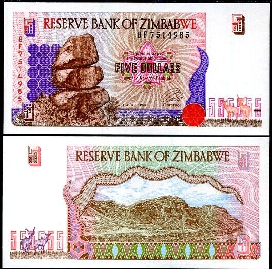 Zimbabwe 5 Dollars 1997 P 5 UNC LOT 5 PCS
