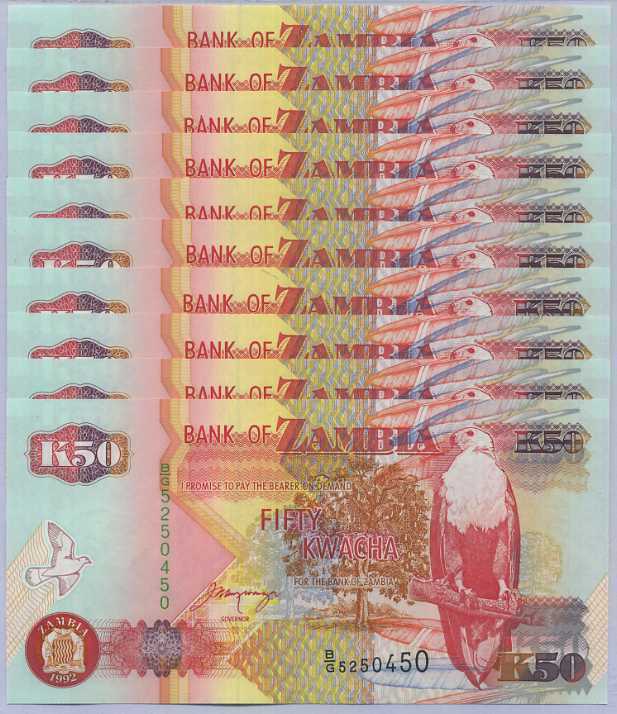 Zambia 50 Kwacha 1992 P 37 UNC LOT 10 PCS – Noteshobby