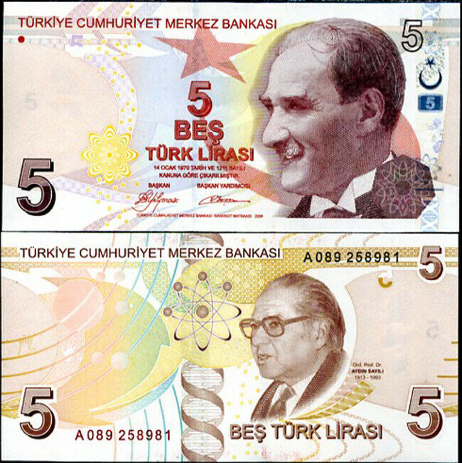 TURKEY 5 LIRA 2009 P 222 UNC