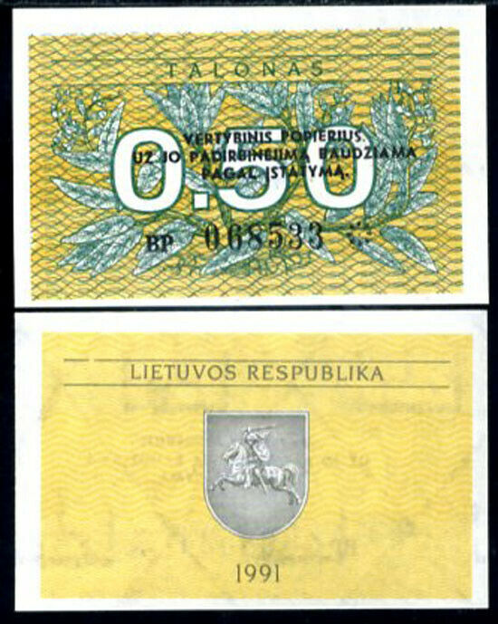 LITHUANIA 0.5 TALONAS 1991 P 31 b WITH 3 TEXT LINE UNC