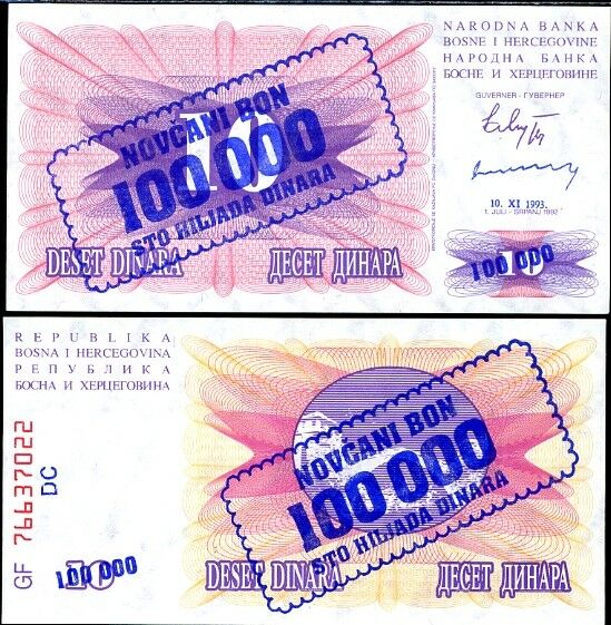 BOSNIA 100,000 on 10 DINARA 1993 (1992) P 34 B UNC