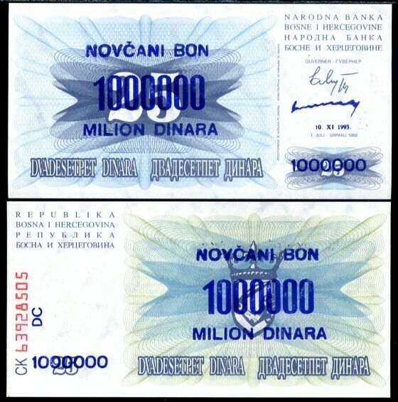 Bosnia & Herzegovina 1 Million on 25 Dinara 1993 P 35 b UNC