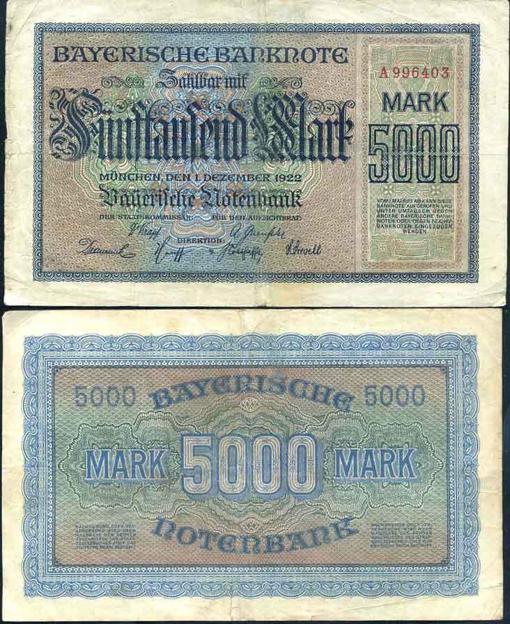 GERMANY 5000 5,000 MARK 1922 VF