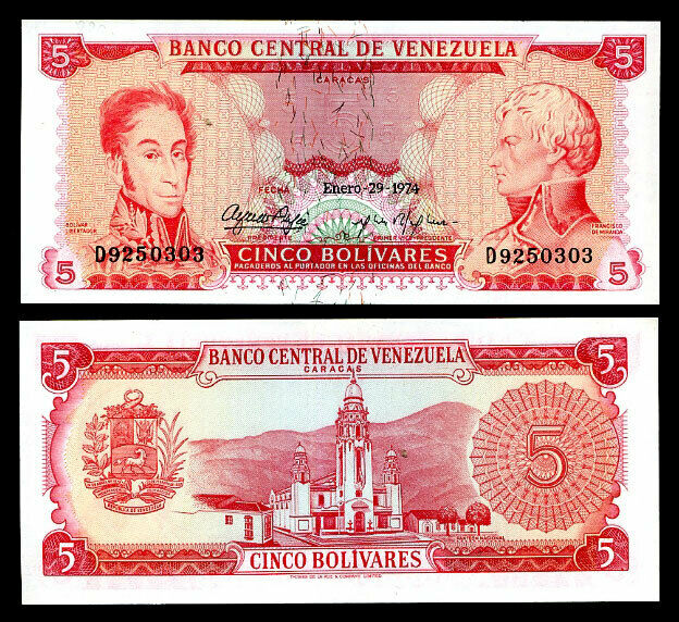 VENEZUELA 5 PESOS 1974 P 50 UNC