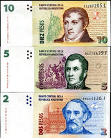 Argentina Set 3 Pcs 2 5 10 Pesos P 352 353 354 Random Series UNC