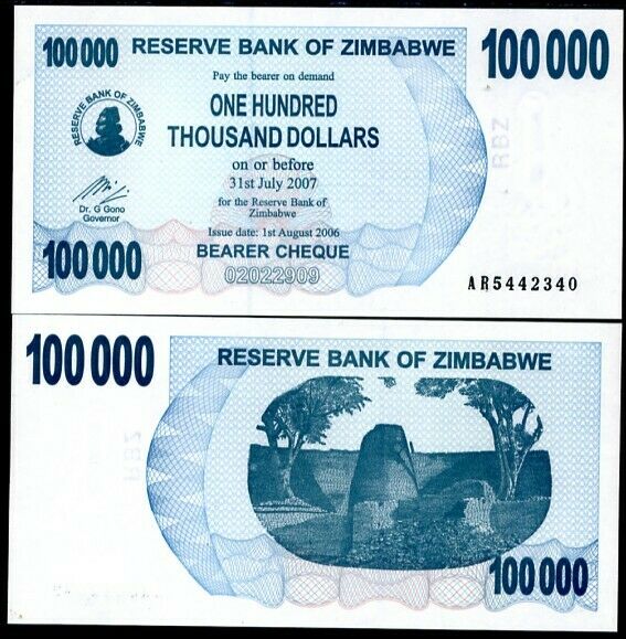 ZIMBABWE 100000 BEARER CHEQUE 2007 P 48 b WITH SPACE AUNC ABOUT UNC