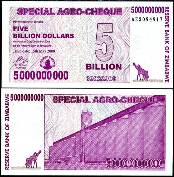 ZIMBABWE 5 BILLION AGRO CHEQUE 2008 P 61 UNC