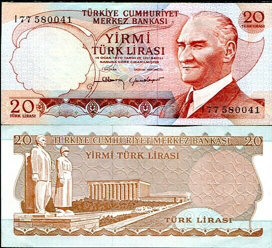 TURKEY 20 LIRA 1970 P 187b ABOUT UNC