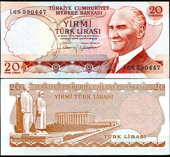 TURKEY 20 LIRA 1970 P 187b UNC