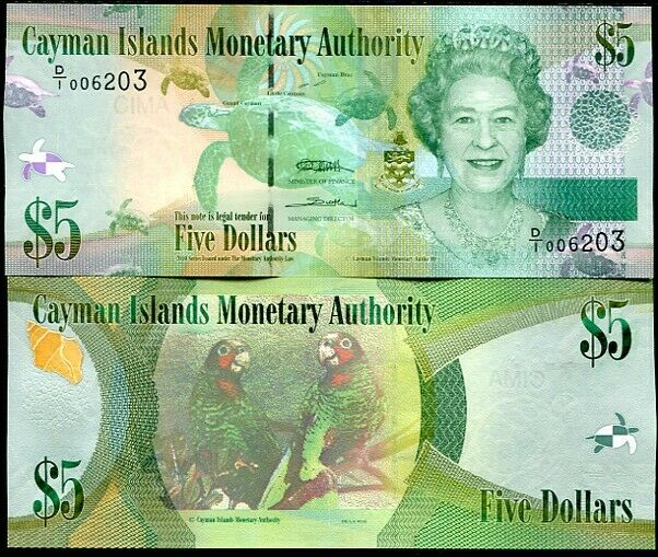 CAYMAN ISLANDS 5 DOLLARS 2010 QEII PREFIX D/1 P 39a UNC