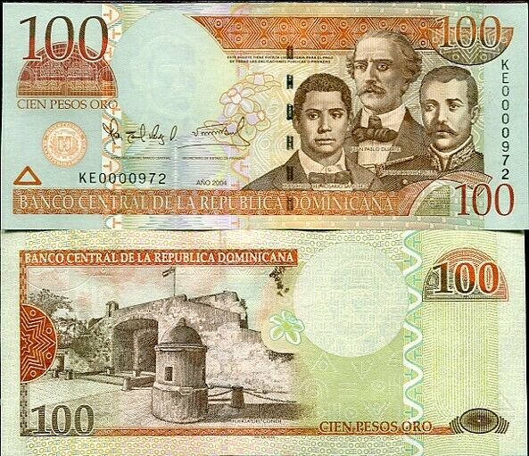 DOMINICAN REPUBLIC 100 PESOS ORO 2004 P 171 d LOW SERIAL NUMBER 3 DIGIT UNC