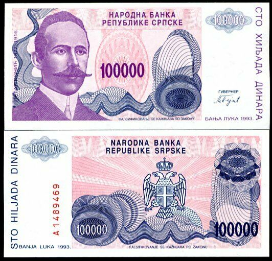 Bosnia & Herzegovina 100000 Dinara 1993 P 154 UNC