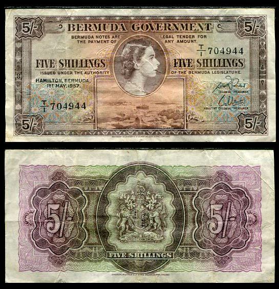 BERMUDA 5 SHILLING 1957 P 18 HEAVY USED CIRCULATED SEE SCAN