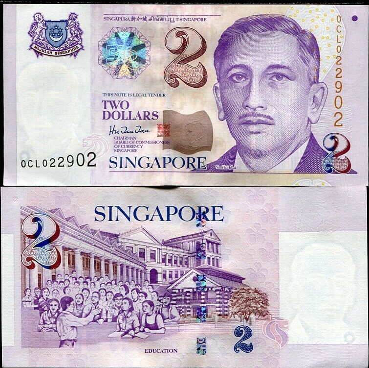 SINGAPORE 2 DOLLARS P 38 4 LINE AUNC ABOUT UNC