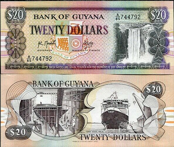 GUYANA 20 DOLLARS 1989 P 27 SIGN 9 UNC