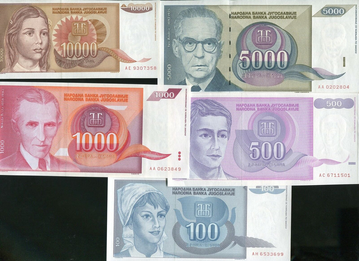 YUGOSLAVIA SET 5 UNC 100 500 1000 5000 10,000 DINARA 1992 P 112 113 114 115 116