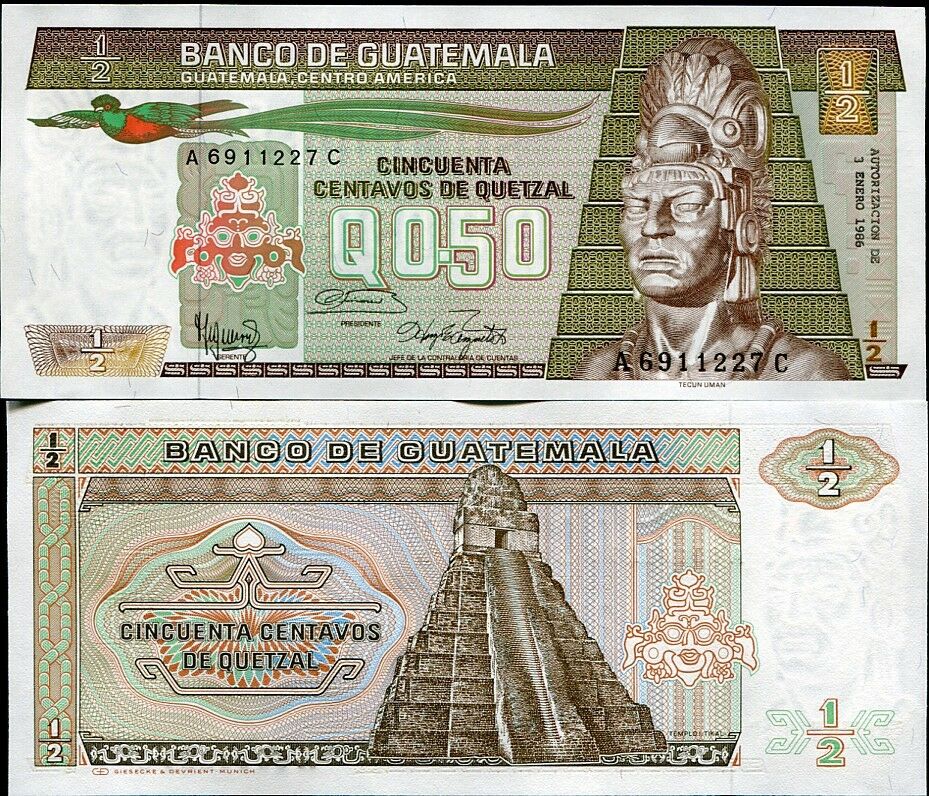 GUATEMALA 1/2, 0.5 QUETZAL 1986 P 65 UNC
