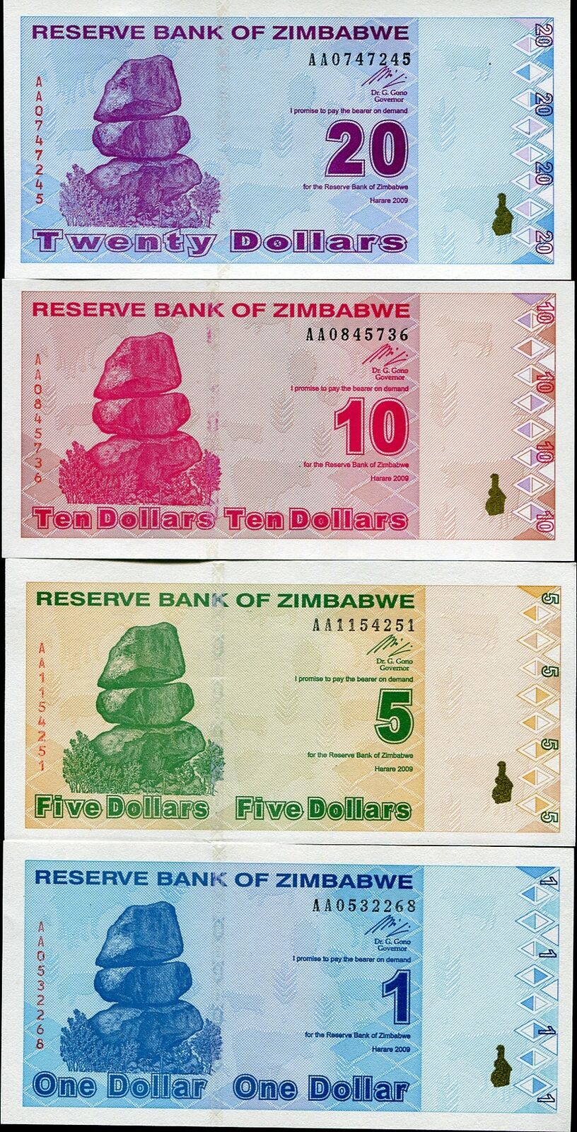 ZIMBABWE SET 4 PCS 1 5 10 20 DOLLARS 2009 P 92 93 94 95 UNC