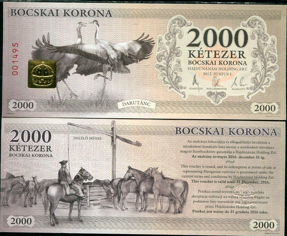 HUNGARY 2000 2,000 BOCSKAI KORUNA 2012 CURRENCY FLAMINGO/HORSE P NL UNC