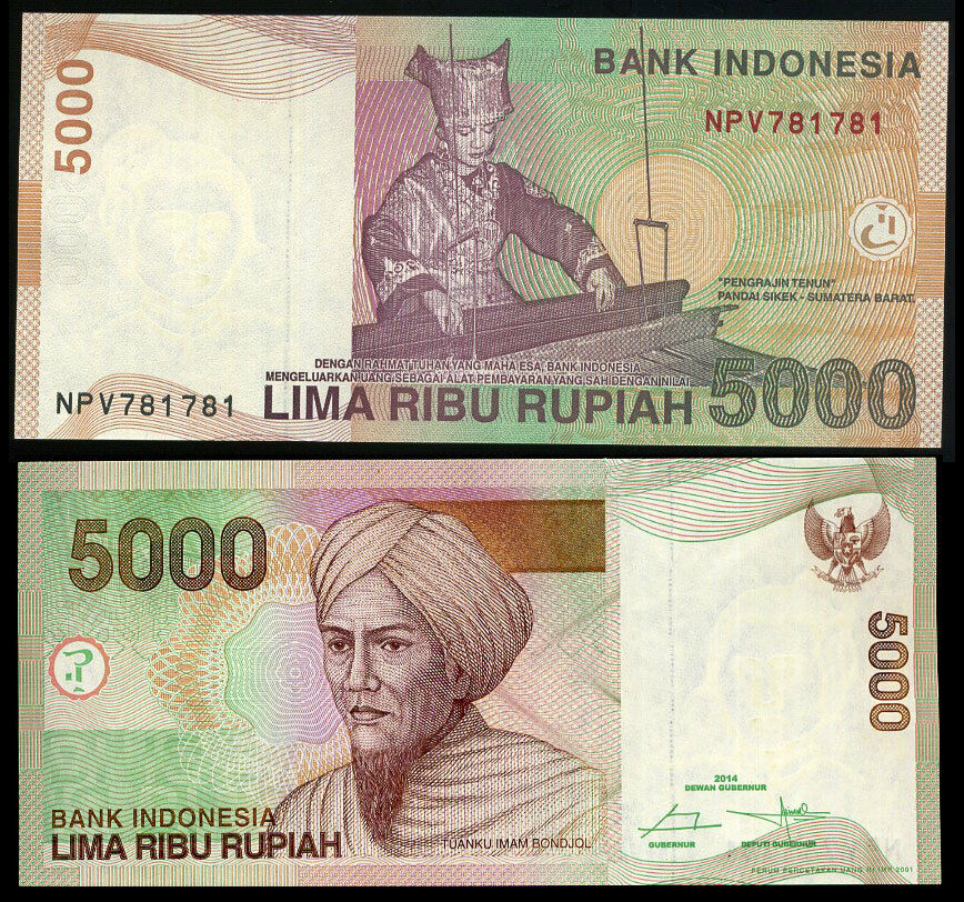 INDONESIA 5000 5,000 RUPIAH 2014/2001 P 142 REPEATER S/N "781781" UNC