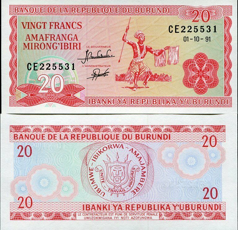 BURUNDI 20 FRANCS 1991 P 27 UNC