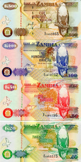 ZAMBIA SET 4 PCS 20 50 100 500 KWACHA 1992 P 36 37 38 39 UNC